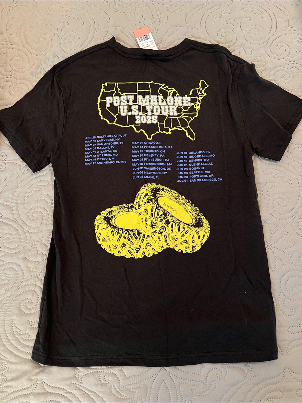 NWT! Post Malone U.S. Tour 2025 Black T-Shirt with Yellow Graphic